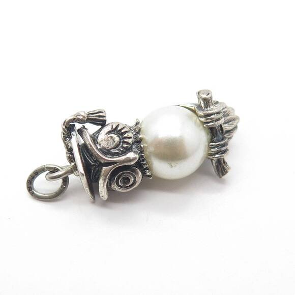 BEAU 925 Sterling Silver Vintage Faux Pearl Owl Professor On Brunch Pendant - Picture 7 of 8